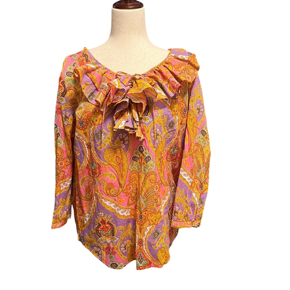 Lauren Ralph Lauren Blouse Womens L Pink Paisley Ruffle Neck Boho Peasant Top
